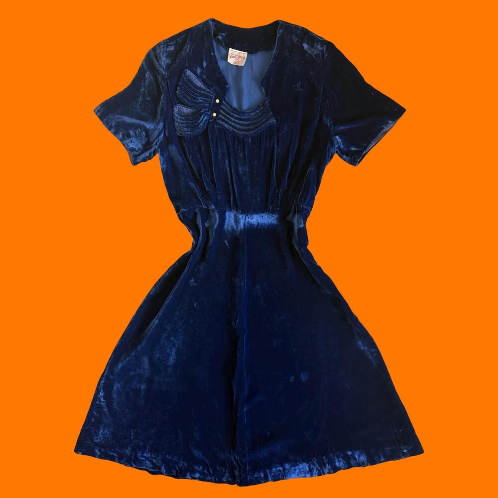 30's 40's vintage blue velvet silk rayon old hollywood cocktail dress M